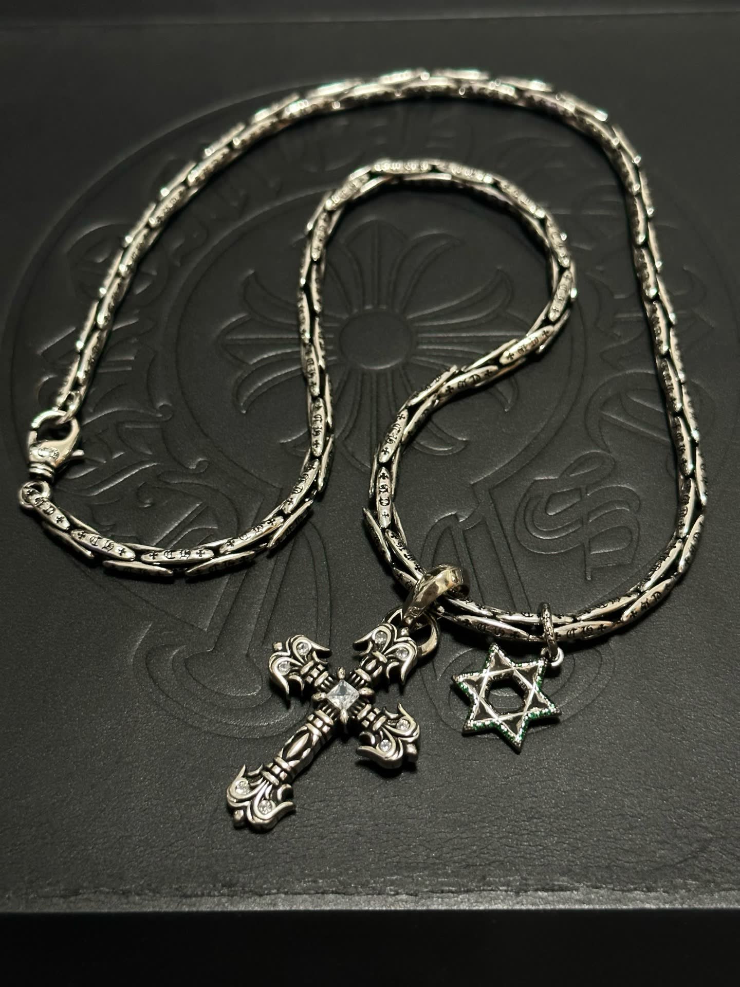 Chrome Hearts Silver Cross and Star of David Pendant Necklace